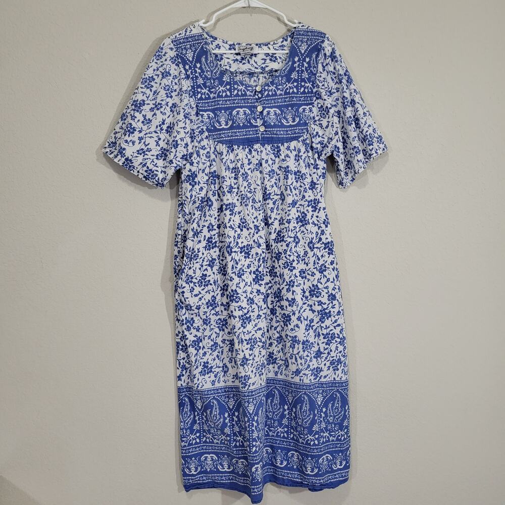 Saybury Floral Midi Dress Womens M  Blue White Cotton Cottagecore Casual Summer